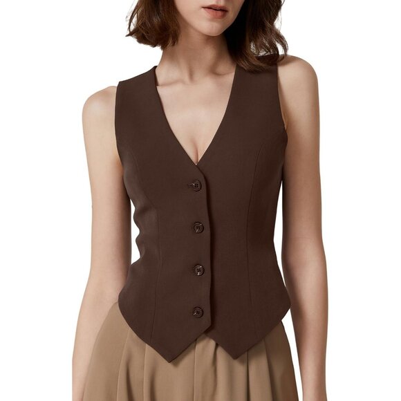 Tops - Women's Coffee Bean V Neck Vest Top Sleeveless Button Down Lined Solid Crop Tops